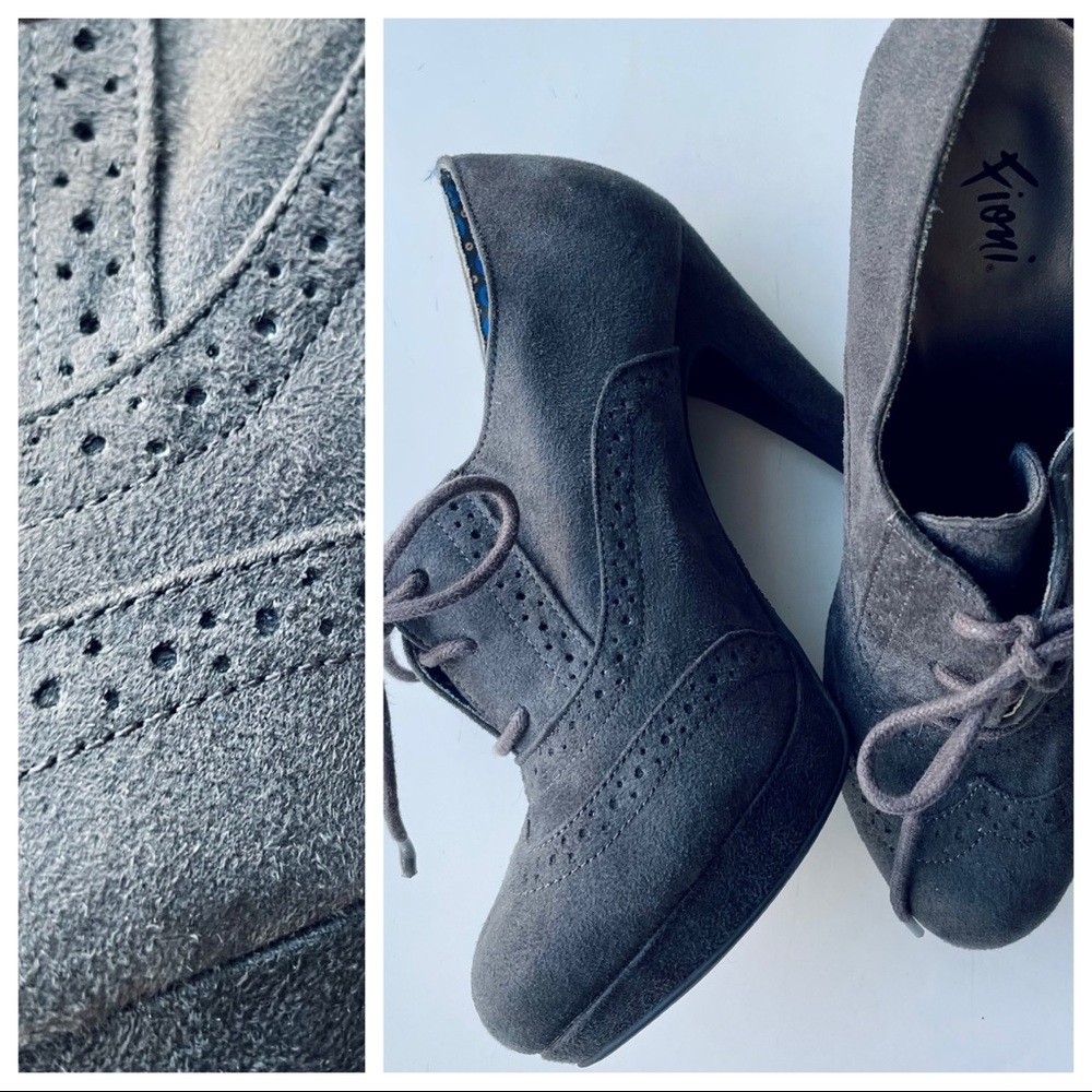 Brand new grey faux suede ankle booties with textured accents and fun lining